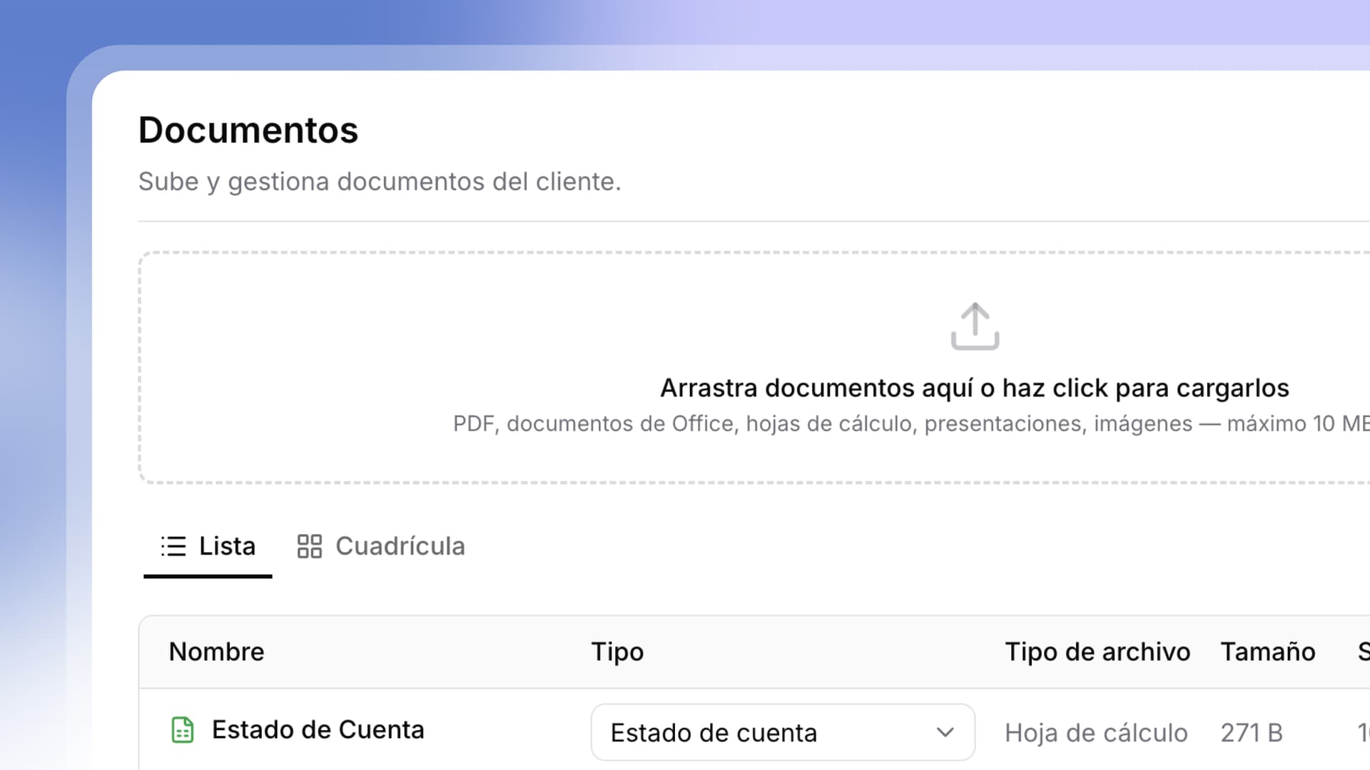 Documentos de un cliente en Inmuvo con carga de archivos y lista