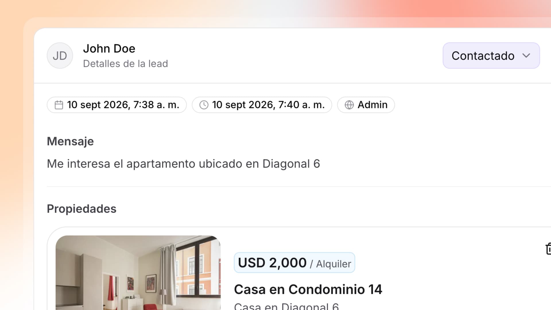 Detalle de un lead en Inmuvo con mensaje, estado y propiedades de interés