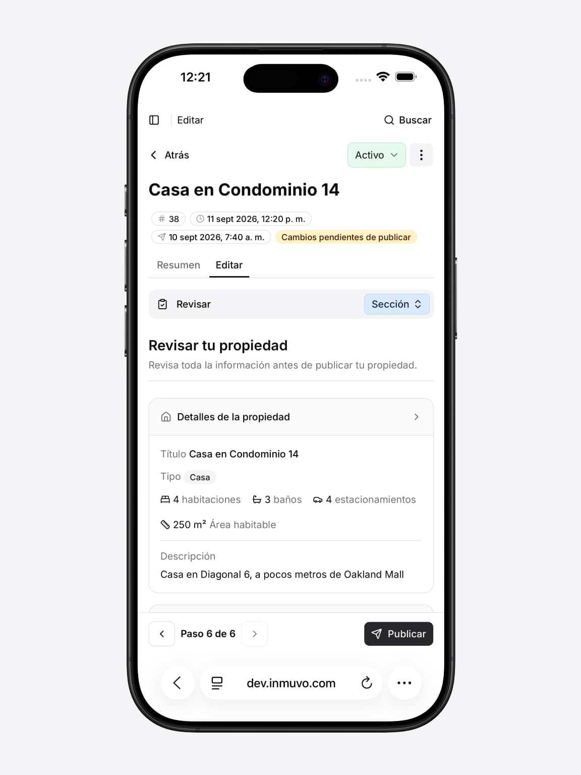 Revisión de un listado en Inmuvo con cambios pendientes de publicar