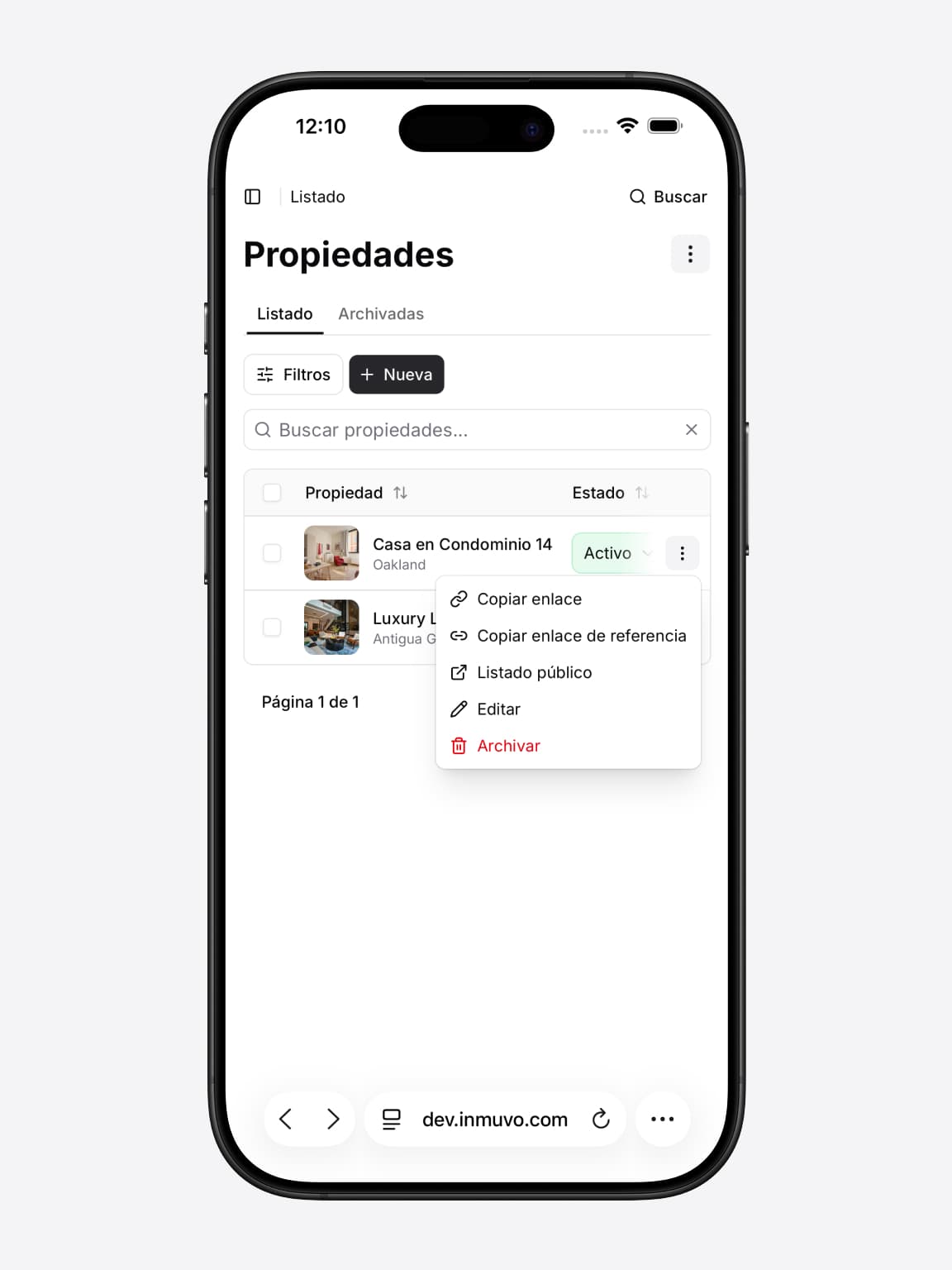 Listado de propiedades en Inmuvo con el menú para compartir abierto
