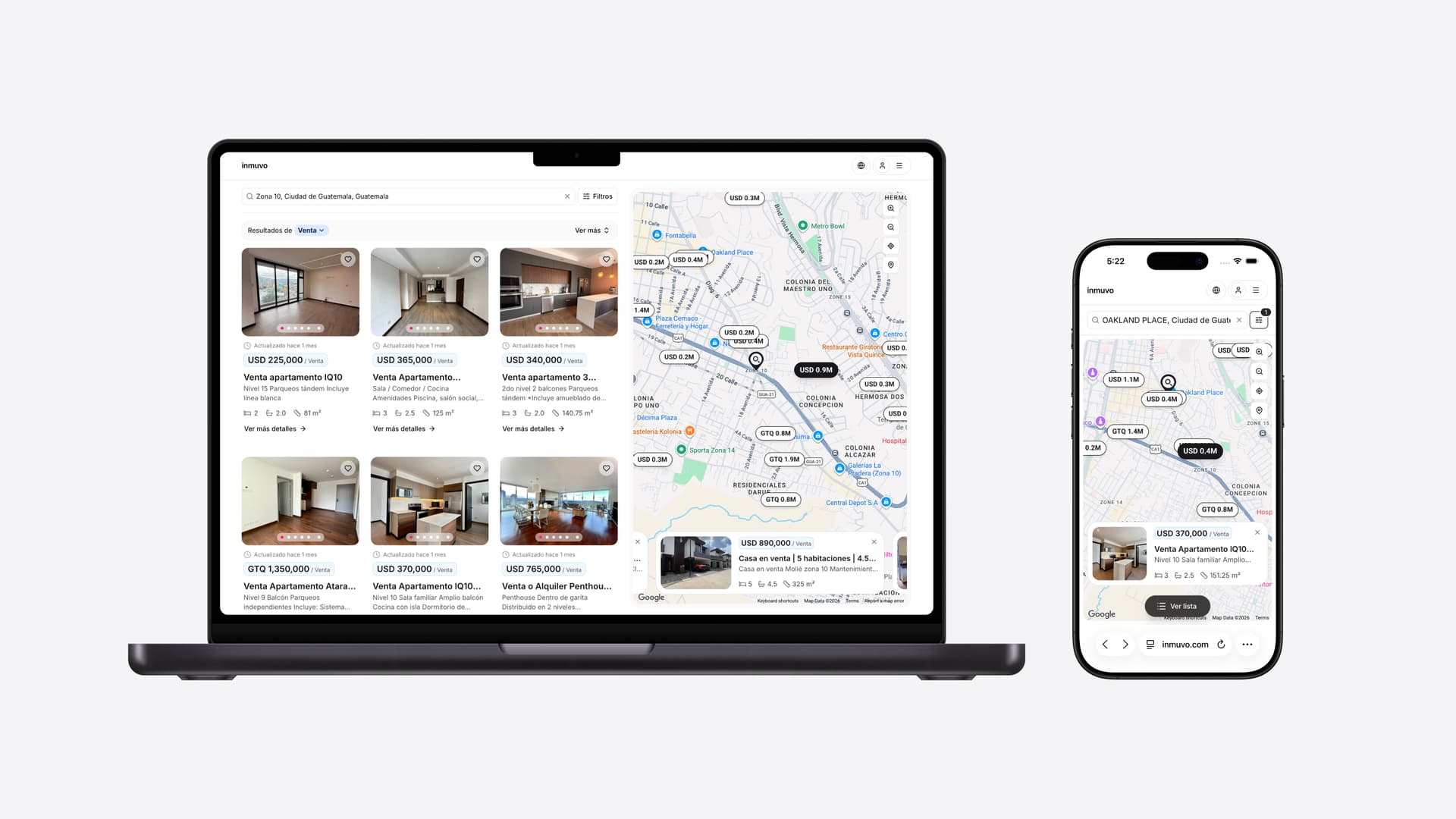 Búsqueda de propiedades en el mapa de Inmuvo en computadora y celular