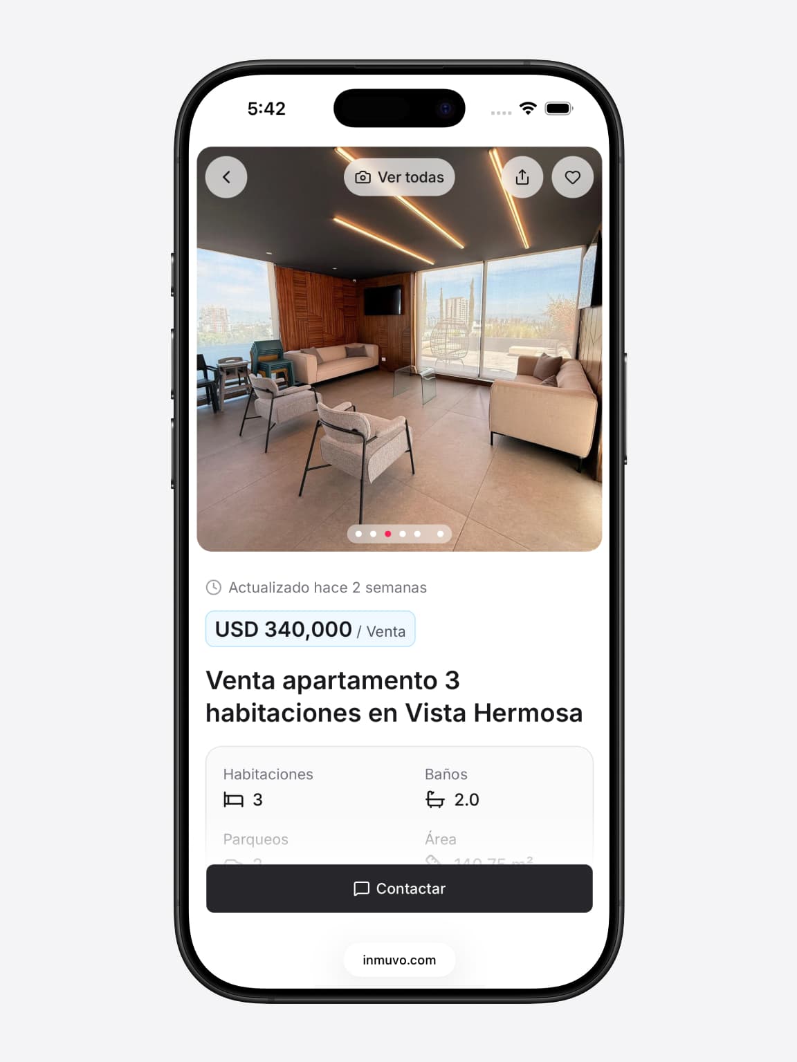 Listado público en Inmuvo con fotos, precio y botón de contacto